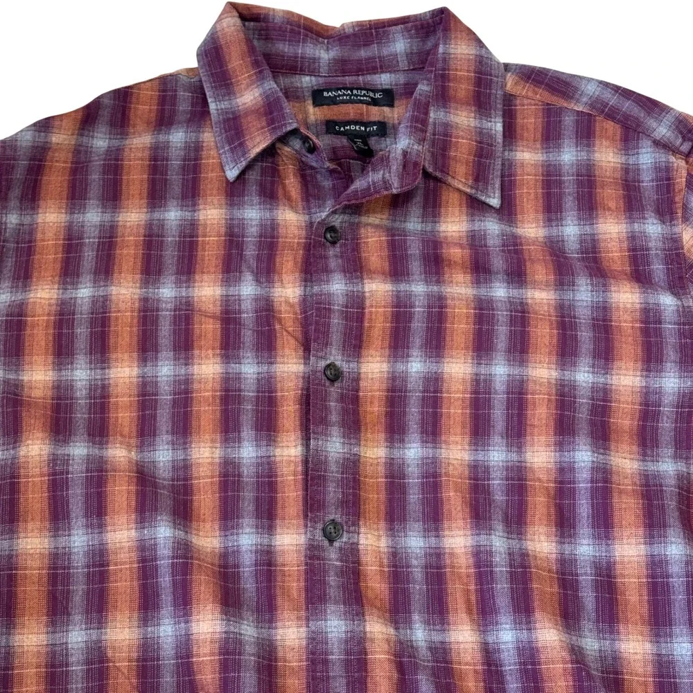 Banana Republic‎ Luxe Flannel Shirt Mens XL Tall Camden Fit Plaid Purple Orange